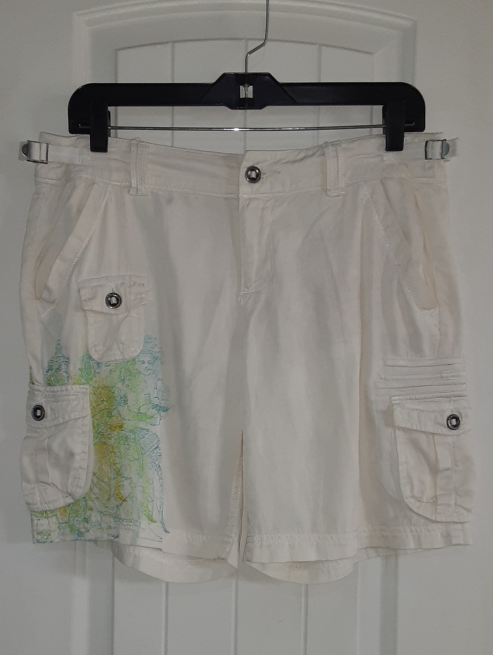Vintage Da-Nang Indo-Chine Silk Blend Embroidered Cargo Shorts White M Y2K EVC
